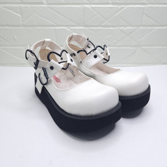Demonia Shoes - Demonia Sprite - 02 White Faux Leather Heart Strap Mary Jane Platform Lolita 8